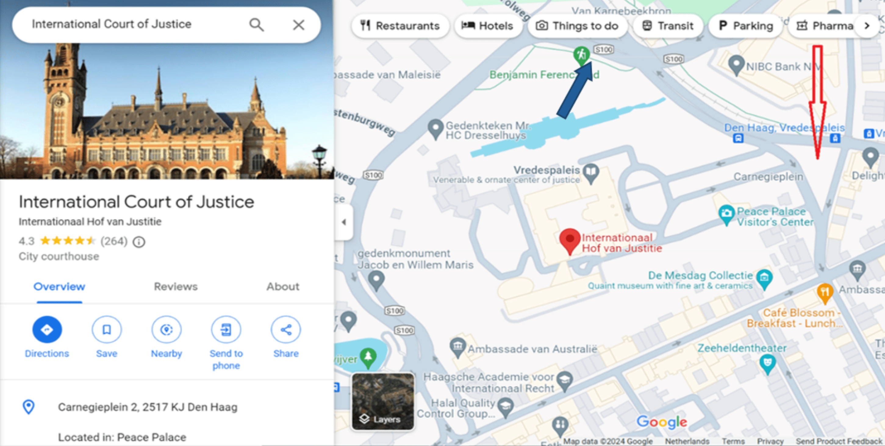 The Google Maps location at the ICJ.