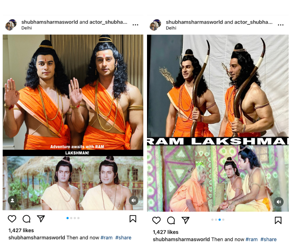 Shubham Sharma's post of himself and Vanshu Pannu in their costumes above a screenshot of Rama and Lakshmana in Sagar’s Ramayan on Instagram.