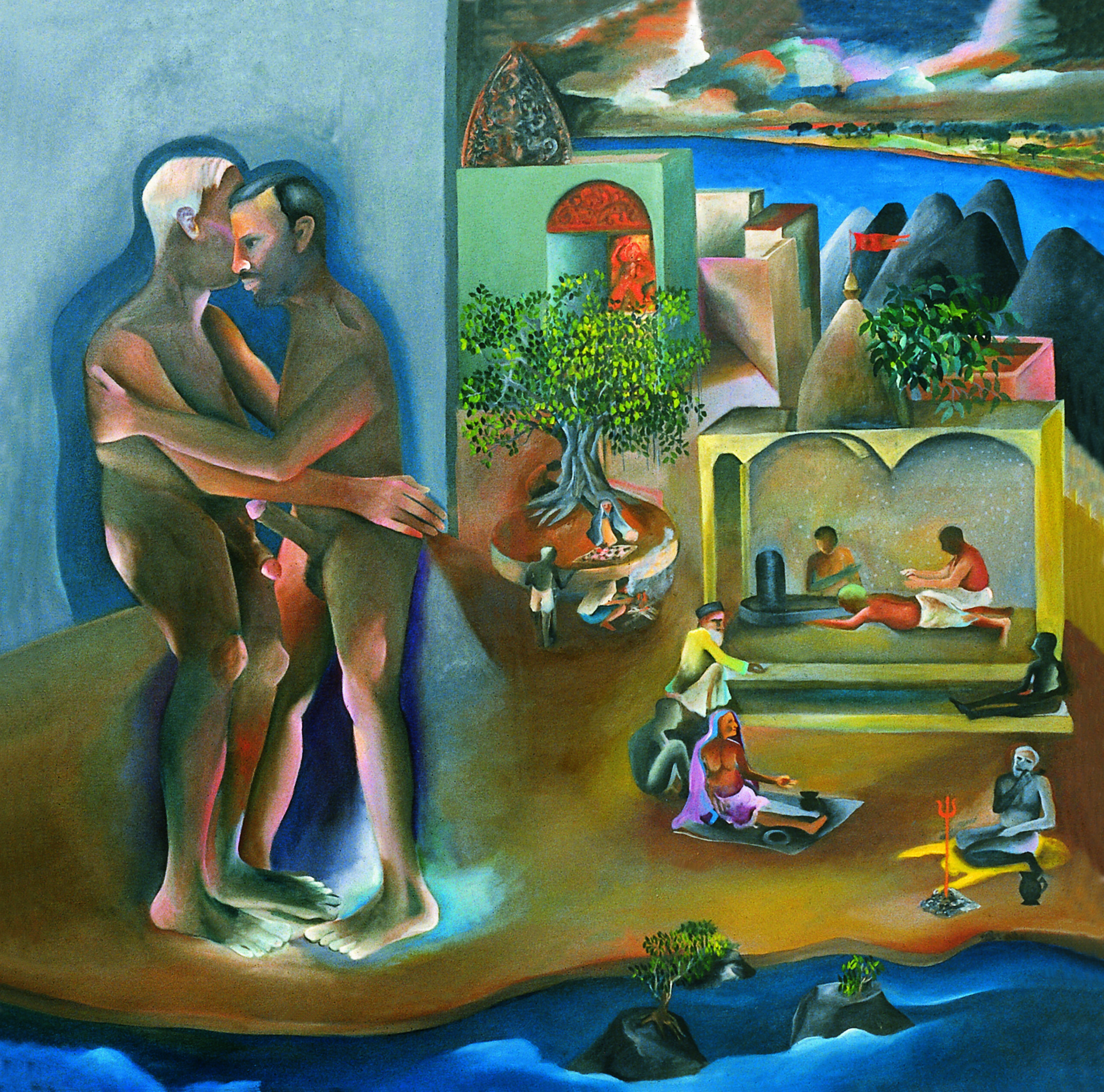 Bhupen Khakhar, Two Men in Benares, 1982. Oil on canvas. Private Collection © Estate of Bhupen Khakhar.