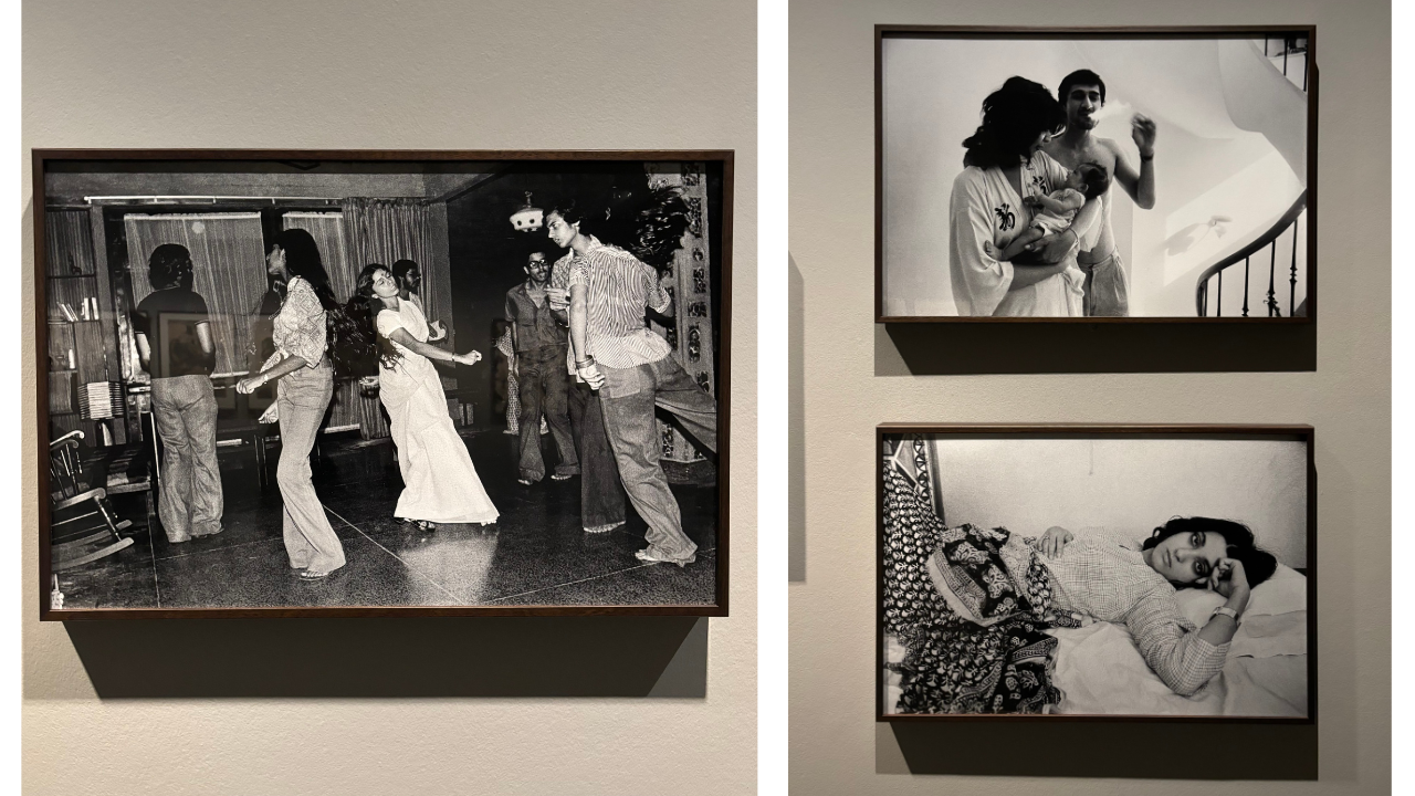 Pablo Bartholomew. Nommie dancing at a party at Koko's, New Delhi, 1975 (Left), and Rajiv and Kajoli with their daughter Meha, New Delhi, 1976 and Pooh in bed, Bombay, 1975 (Right).