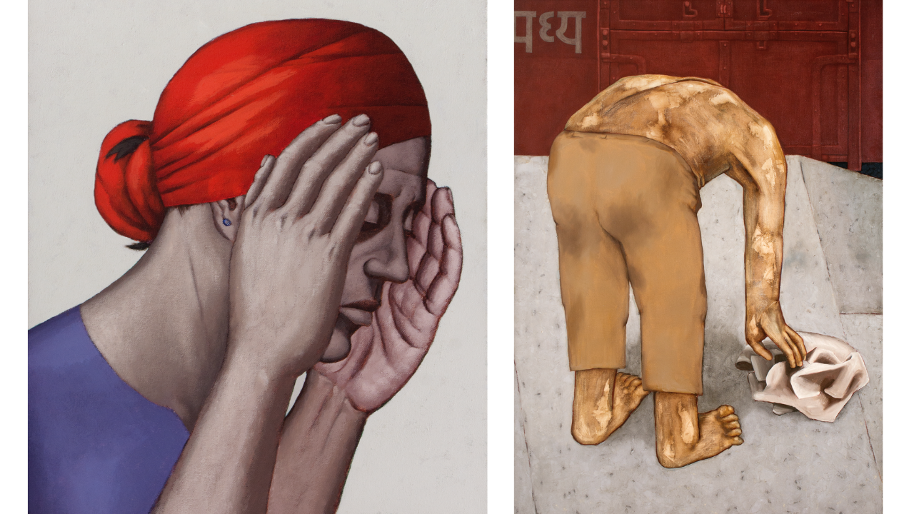 Sudhir Patwardhan, Construction Woman Washing Her Face, 1998 (L), and Dhakka, 1977 (R).