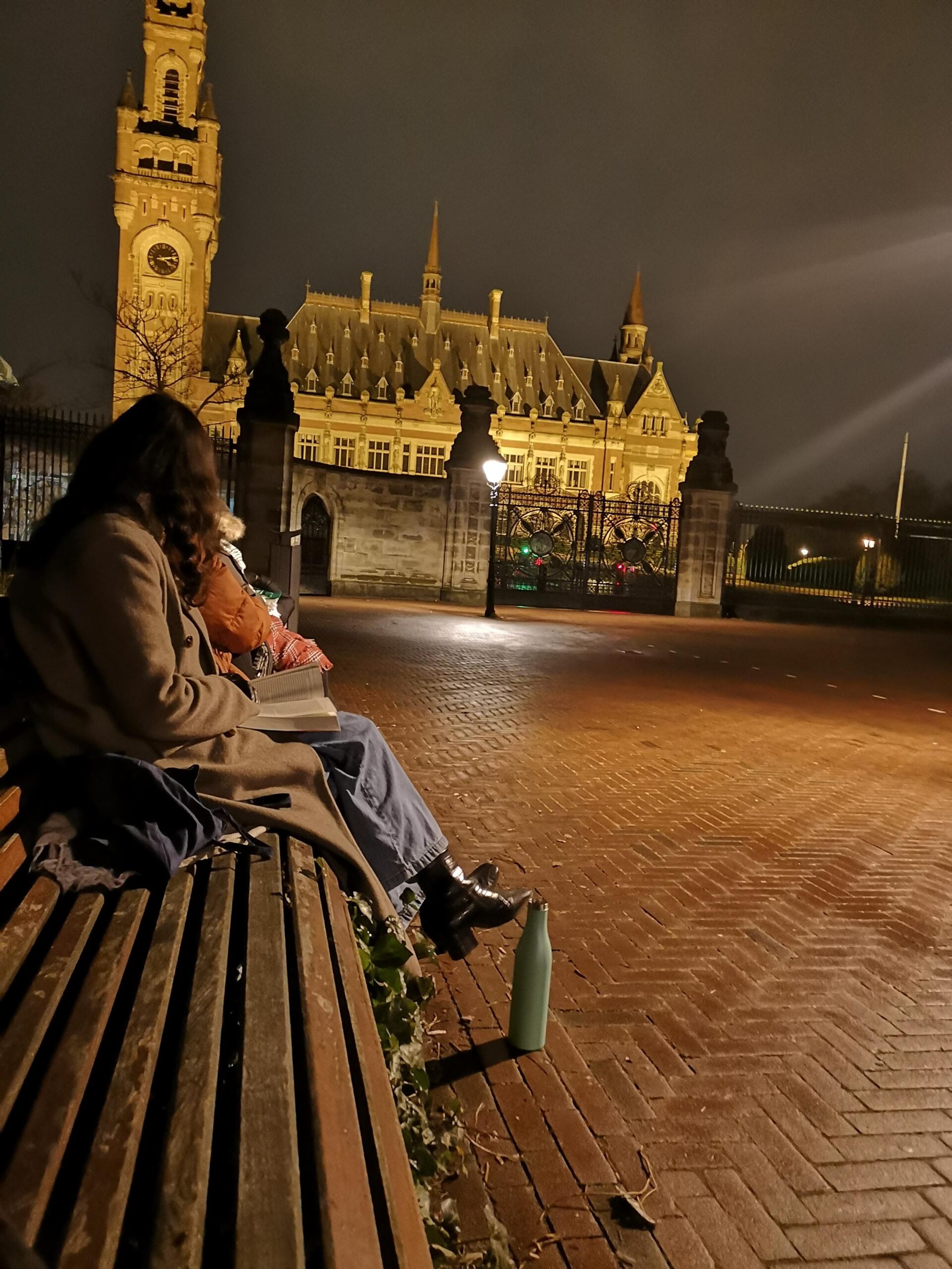 Sitting in front of the ICJ at 4:15 am.