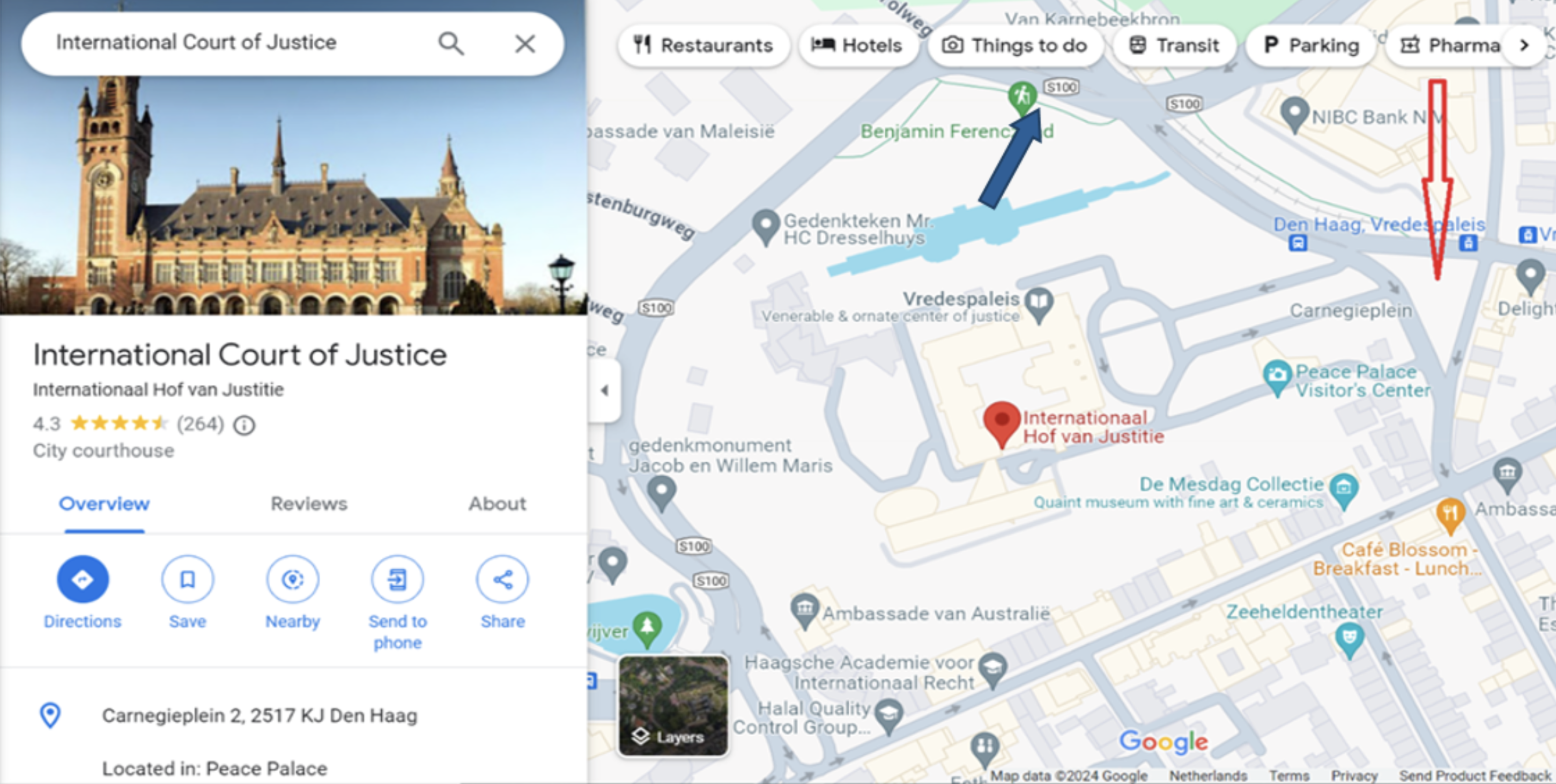 The Google Maps location at the ICJ.