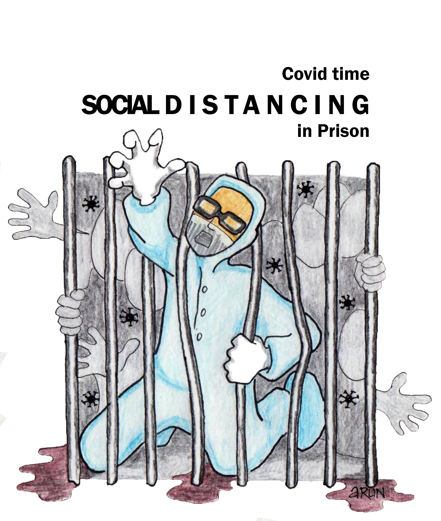 Illustration shows a prisoner in prison behind bars during the pandemic